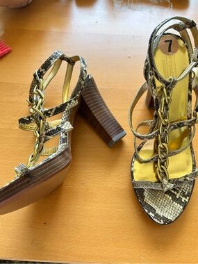 Coach Snake-Print Block Heel Sandals with Gold Chain Accent with Orginal Box.